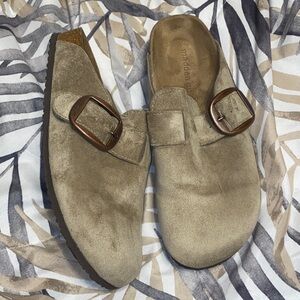Madden Girl Taupe Suede Buckle Slip-On Clogs